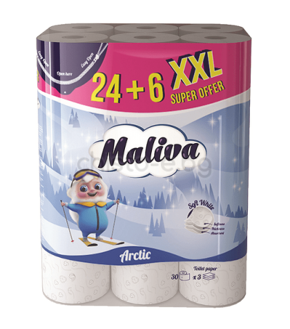 Тоалетна хартия Maliva arctic - бяла, без аромат 24+6 бр.