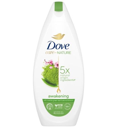 Ободряващ душ гел за тяло Dove Care by Nature с матча и сакура, 225 мл.